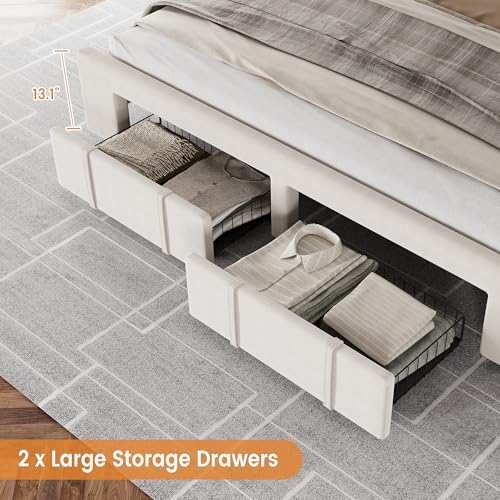 Upholstered King Size Bed Frame with Storage Drawers, Beige, view 7