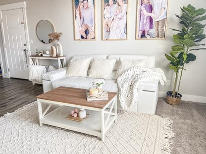 Farmhouse Coffee Table for Living Room, White Coffee Tables with Storage Rustic Style Modern