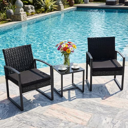 3 Pieces Patio Furniture Set, Outdoor Rattan Bistro Set with Coffee Table, Durable Steel Frame with Strapped Cushions for Garden, Balcony, Poolside, Backyard
