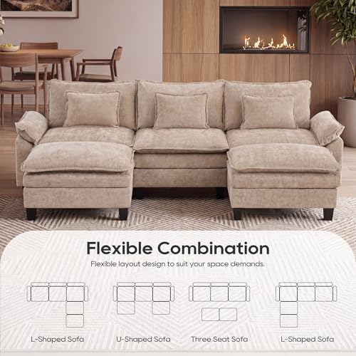 Oversized Modular Sectional Sofa，Khaki：122" U Shaped | Modern Comfy Cloud Couch with Movable Ottoman and Pillow, Deep Seat Couches for Living Room, Bedroom or Apartment