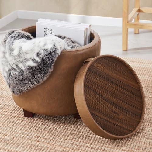17" Round Storage Ottoman with Tray Top, Faux Leather, Mocha | Reversible Tray Lid Flips to Soft Leather Top; Ideal Foot Rest & Extra Seating for Living Room, Bedroom or Office