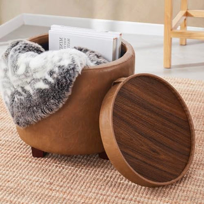17" Round Storage Ottoman with Tray Top, Faux Leather, Mocha | Reversible Tray Lid Flips to Soft Leather Top; Ideal Foot Rest & Extra Seating for Living Room, Bedroom or Office