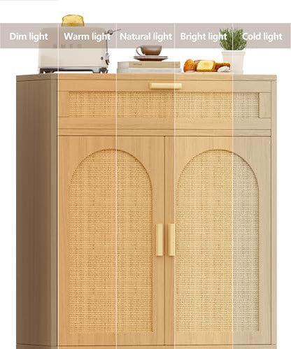 Rattan Sideboard Buffet Cabinet with Storage, Boho Sideboard with Drawer & Adjustable Shelf, Kitchen Floor Cabinet with 2 Doors & Solid Wood Feet, Coffee Bar for Entryway, Living Room, Natural Oak