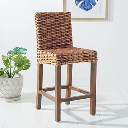 SAFAVIEH Furniture - Tobie Rattan Counter Stool - 23.62" Seat Height - White-Washed - Mango Wood - Coastal Rattan-Seat Design - Ideal for Kitchen, Bar Area, Dining Room - Fully Assembled (BST6501C)