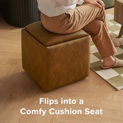 Levi Storage Ottoman with Reversible Tray, Modern Square Chest Coffee Table, Upholstered Cube Sitting Foot Stools Ottoman for Living Room, Bedroom, Entryway (Faux Leather, Pecan Brown)