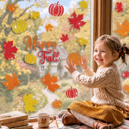 Glitter Fall Window Clings Autumn Thanksgiving Window Stickers Decals Decor, view 7