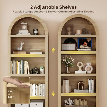 76"Tall Arched Bookcase With 2 Tier Adjustable Shelves, Natural Oak | Adjustable Bookshelf, 5 Tier Large Wood Book Case, Mid Century Modern Open Display Shelf for Bedroom, Home Office,Living Room