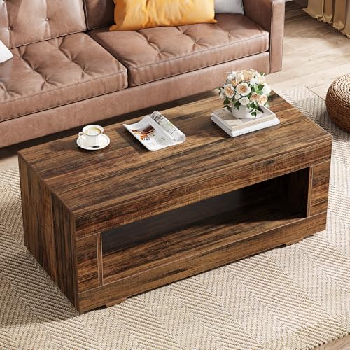 Tribesigns Wood Coffee Table for Living Room, 43.3" Modern Farmhouse Coffee Table with Storage, 2-Tier Rectangular Center Table Cocktail Living Room Table with Sturdy Base, Rustic Brown
