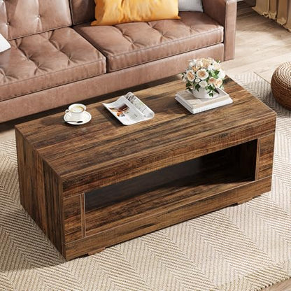 Tribesigns Wood Coffee Table for Living Room, 43.3" Modern Farmhouse Coffee Table with Storage, 2-Tier Rectangular Center Table Cocktail Living Room Table with Sturdy Base, Rustic Brown