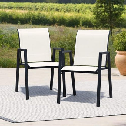 Patio Chairs Set of 2, Stackable Outdoor Dining Chairs with Metal Frame and Breathable Textilene Fabric, All Weather Dining Furniture Set for Lawn, Garden, Backyard, Poolside, Oyster