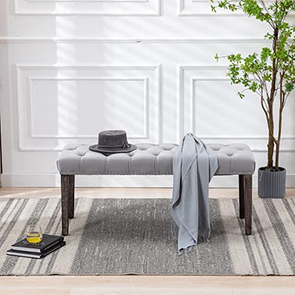 Button-Tufted Ottoman Bench, Upholstered Bedroom Benches Velvet Footrest Stool Accent Bench for Entryway Dining Room Living Room Bedroom End of Bed, Gray