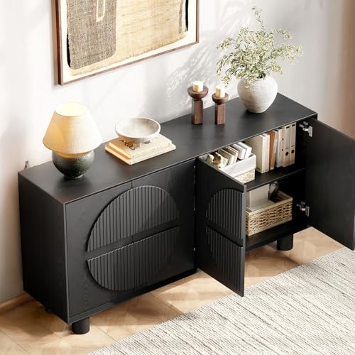63 Inch Fluted Buffet Cabinet w/ Storage, Push-Spring Doors, Black, view 6