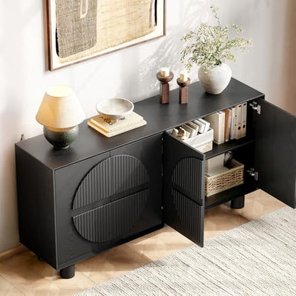 63 Inch Fluted Buffet Cabinet w/ Storage, Push-Spring Doors, Black, view 6