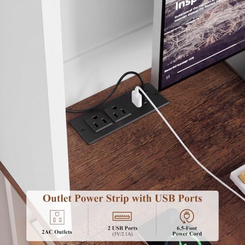 71" Tall Computer Desk with Hutch, LED & Charging Station, White, view 5
