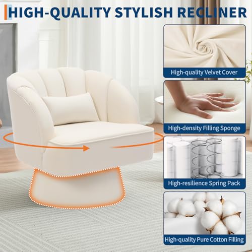 Modern Swivel Barrel Accent Chair, 360 Degree Velvet Upholstered Armchair with Striped Backrest & Plush Padding, Comfy Round Lounge Chair for Living Room, Bedroom, Reading Nook, Beige