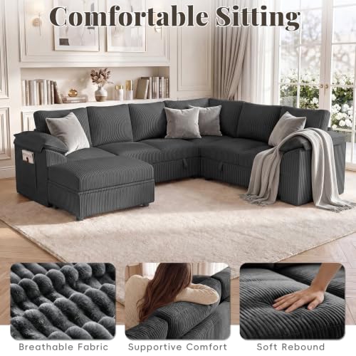 108 Inch Sectional Sleeper Sofa Bed with Pull Out Couch, U Shaped 7 Seat Cloud Modular Sectional Sofa with Storage, Corduroy Sectional Couches for Living Room, Removable Sofa Cover, Dark Grey