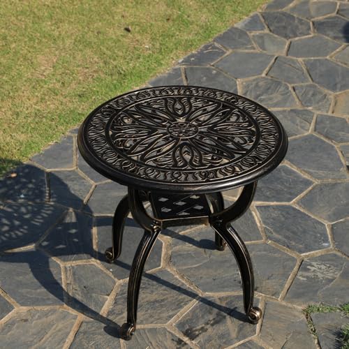 Outdoor Cast Aluminum Side Table Patio Side Table Backyard, Pool, Indoor, Easy Maintenance and Weather Resistant Coffee Table Porch Table Bistro Table (18.5round-Bronzed)