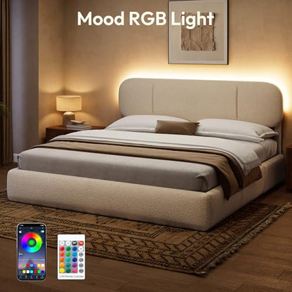 King Size Cloud Bed Frame with LED & 4 Drawers, Beige, view 4