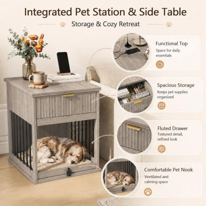 3-in-1 Dog Crate End Table with Charging Station & Drawer (Antique Grey), view 6