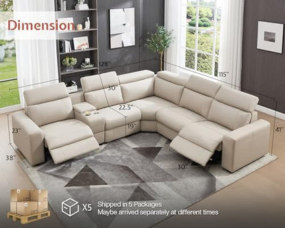 Power Recliner Sectional Sofa with Storage/USB Port, Leather Recliner Sofa with Adjustable Headrest, Reclining Sectional Couches with Console and Cup Holder for Living Room (Beige Brown)