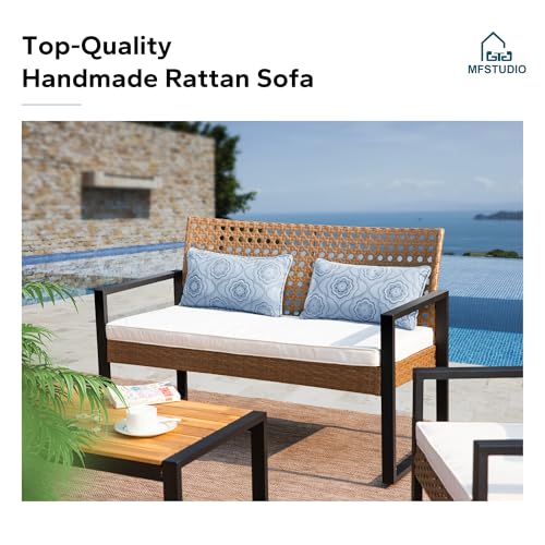 4 Piece Wicker Patio Furniture Set, Small Patio Sofa with Loveseat & Chaise & Acacia Wood Table, Outdoor Sectional Couch with Wood Table, Beige