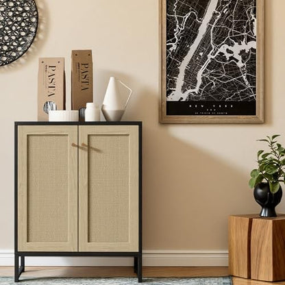 Rattan Decorated 2 Doors Storage Cabinet Accent Cabinet Living Room Cupboard Kitchen Sideboard Buffet Table (Black)