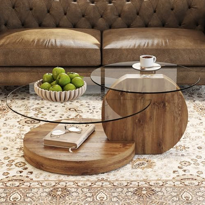 Glass Coffee Table, Modern Round Glass Coffee Table with Wooden Base, 3 Tier Round Coffee Table, Clear Cocktail Table with Storage for Living Room, Office, Balcony (42″ Wood)