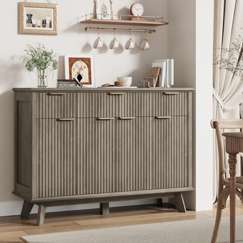 Fluted Sideboard Buffet Cabinet with Charging Station, 47.2" Kitchen Storage Cabinet with Drawers and Adjustable Shelves, Modern Coffee Bar Kitchen Table for Dining Room, Living Room, Grey