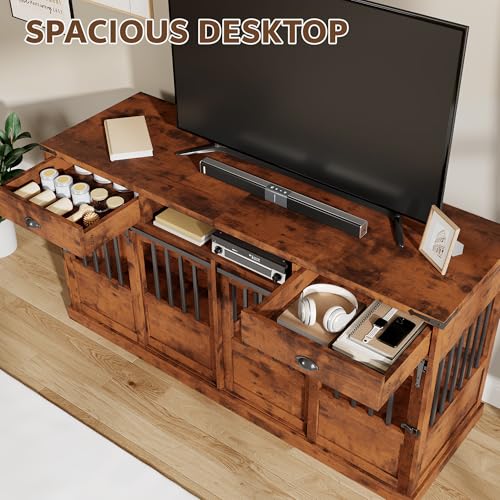 72" Double Dog Crate Furniture with Storage for 2 Medium Dog Brown, view 4