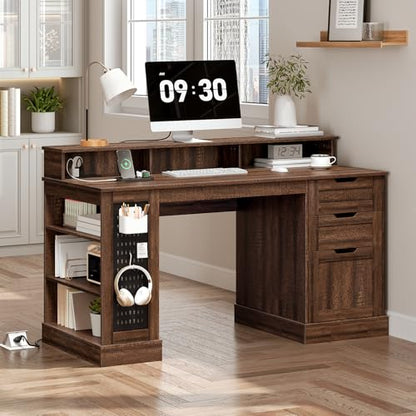 55inch Farmhouse Executive Desk with 2 Drawers and File Cabinet, Computer Desk with 3-Tier Storage Shelves, Home Office Desk with Charging Station, Pegboard and Monitor Shelf, Brown
