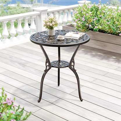 Patio 23''Cast Aluminum Side Table with Umbrella Hole,Outdoor Small Coffee Tables,Anti-Rust Bistro Table,Round End Table,Outdoor Furniture for Indoor,Patio,Garden,Porch,Balcony,Retro Bronze