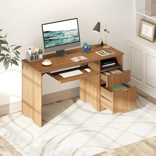 55 Inch Computer Desk with Drawers, Power Outlet, Brown Oak, view 5