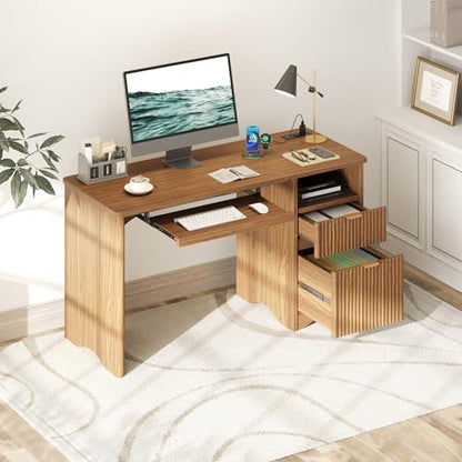 55 Inch Computer Desk with Drawers, Power Outlet, Brown Oak, view 5