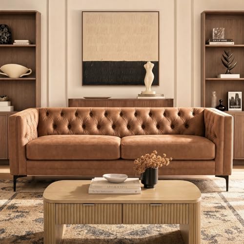 84" W Faux Leather Sofa Couch with Metal Legs, Button-Tufted 3-Seater Sofa, Mid Century Modern Upholstered Couch for Living Room, Entertainment Area, Apartment,Camel