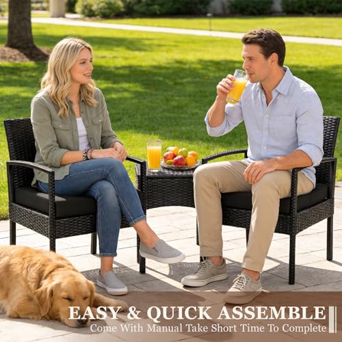 3 PCS Patio Rattan Conversation Bistro Chairs Set, Outdoor Patio Furniture Wicker Bistro Set with Coffee Table for Garden Porch Balcony Yard Lawn, Black