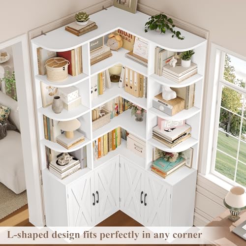 74" Tall Corner Bookshelf, White Bookshelf with Doors, view 5