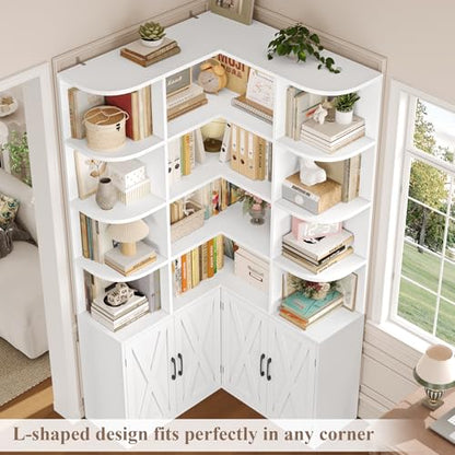 74" Tall Corner Bookshelf, White Bookshelf with Doors, view 5