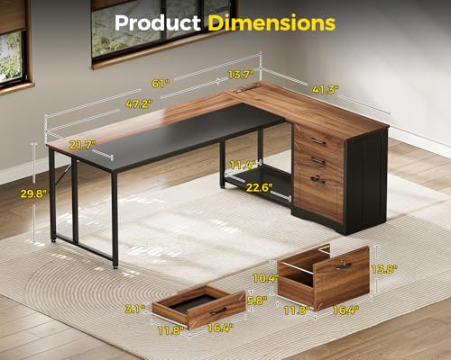 61" L Shaped Office Desk with Wood Drawers & Lockable File Cabinet, Reversible 21.7" D Corner Computer Desk with Built-in Power Outlets, Executive Desk for Home Office, Walnut