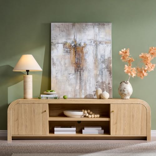 70" Modern Fluted TV Stand with Storage, Natural Oak, view 2
