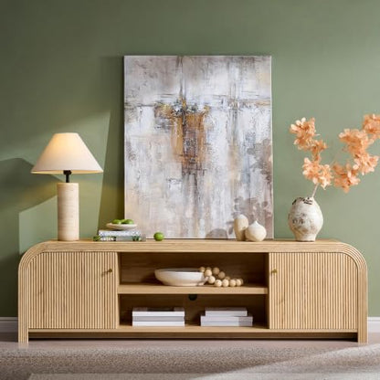 70" Modern Fluted TV Stand with Storage, Natural Oak, view 2