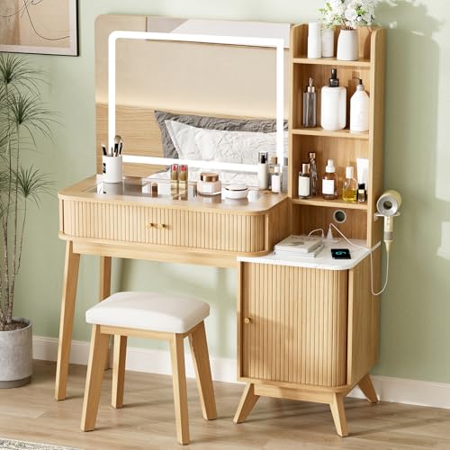 Fluted Makeup Vanity Desk with Mirror and Lights, view 4