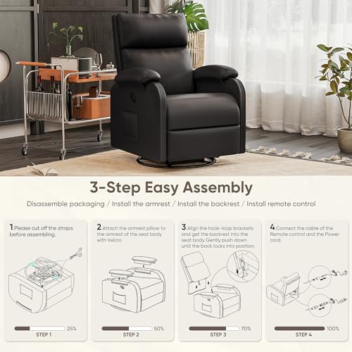 Recliner Chair, 360 Swivel Rocking Chair for Adults, Massage Nursery Chair with Adjustable Backrest and Footrest, PU Leather Glider Rocker Recliners with Side Pocket for Living Room (Black)