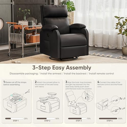 Recliner Chair, 360 Swivel Rocking Chair for Adults, Massage Nursery Chair with Adjustable Backrest and Footrest, PU Leather Glider Rocker Recliners with Side Pocket for Living Room (Black)