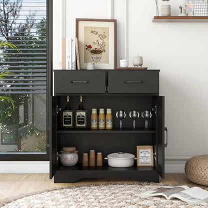 Sideboard 2 Drawers 2 Doors Entryway Storage Cabinet Living Room Organizer Farmhouse Style Wooden Kitchen Cupboard (Black)