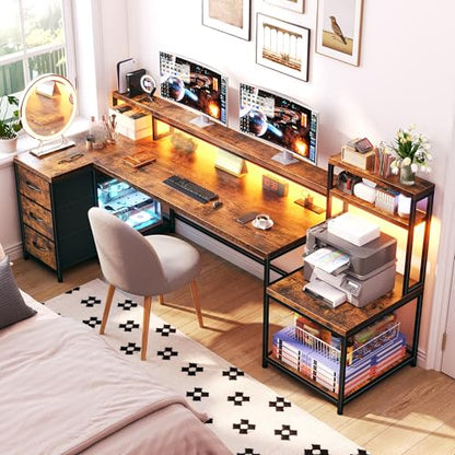 EnHomee71 L Shaped Computer Desk with Drawers,Printer Shelf for Home Office, view 2