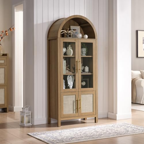 71" Tall Arched Display Cabinet with Glass Doors, 5-Tier Bookshelf, view 4