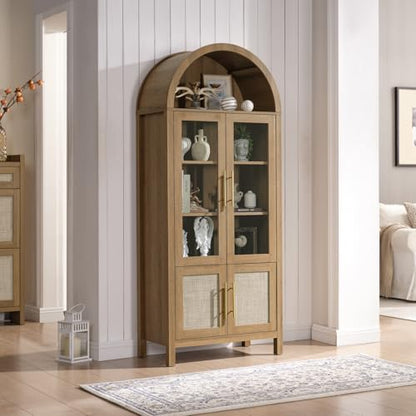 71" Tall Arched Display Cabinet with Glass Doors, 5-Tier Bookshelf, view 4
