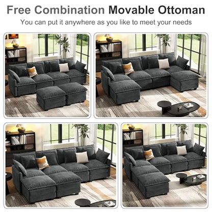 107" Cloud Couch Sectional, U Shaped Modular Sectional Sofa, 4-Seat Deep Seat Couch with 6 Removable Washable Pillows and 2 Ottoman for Living Room, Bedroom, Apartment, Black Grey
