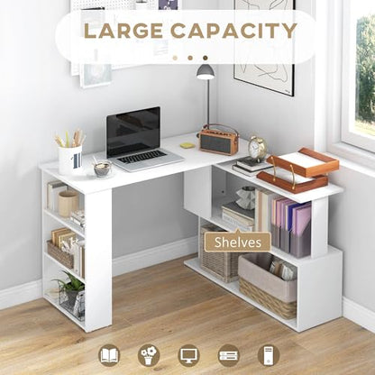 47 Inch L Shaped Desk, Corner Computer Desk, 360 Degree Rotating Home Office Desk with Storage Shelves, Writing Table Workstation, White
