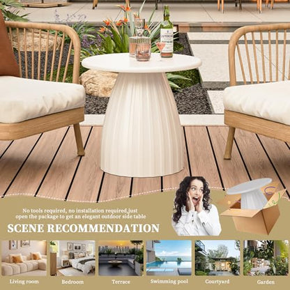 Round Small Patio Side Table, Patio Furniture Accent End Table, Metal Steel Outdoor Side Table, for Garden, Pool, Yard, Balcony, Living Room, Deck, Weather Resistant, No Assembly, Beige White